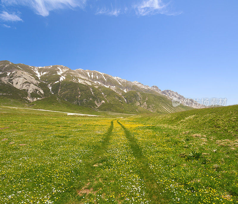 Campo Imperatore草原与乡村道路车辙和草地，意大利Abruzzi